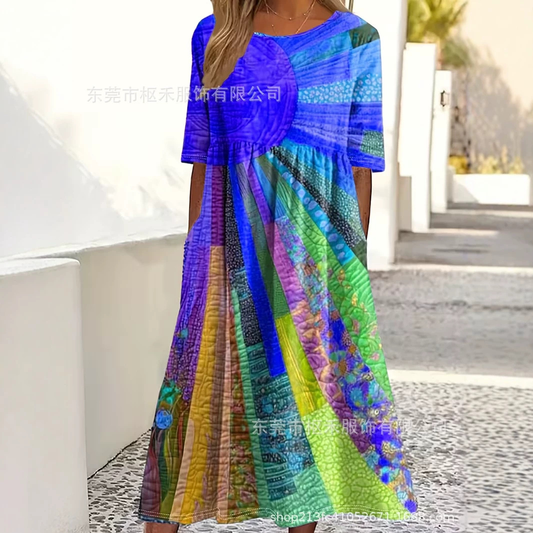 Women's Colorful Floral Print Ruched Midi Dress