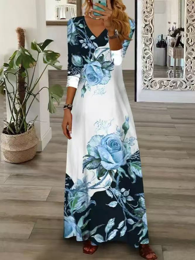 Women's Floral Print V-Neck Button Midi Dress