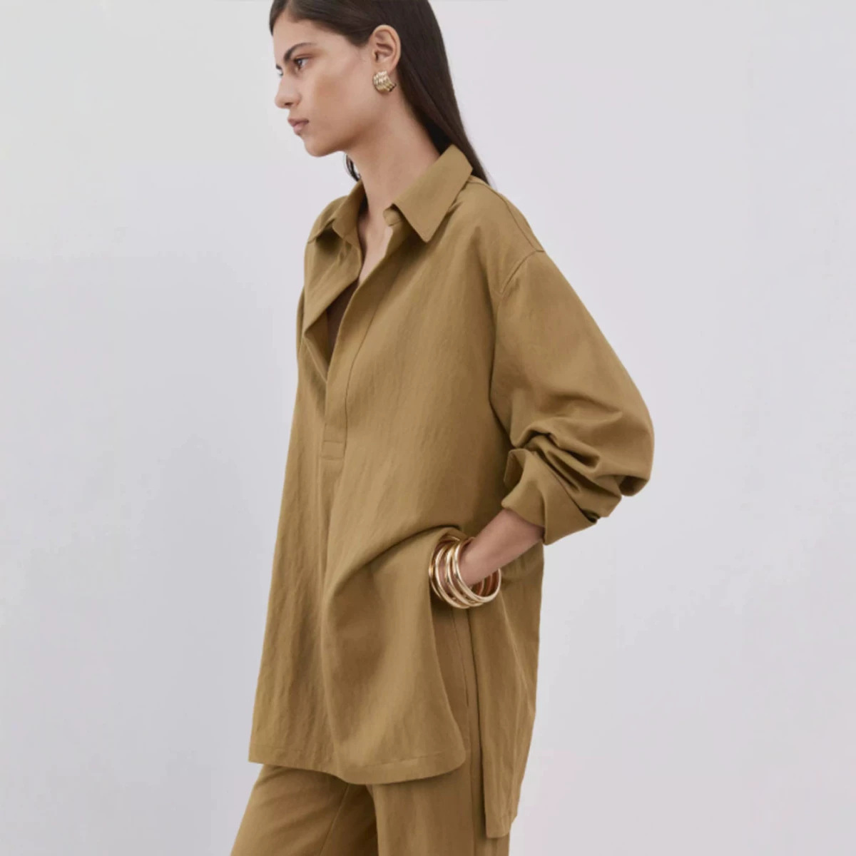 Women's Two-Piece Collared Shirt Set Long Sleeve Solid Color