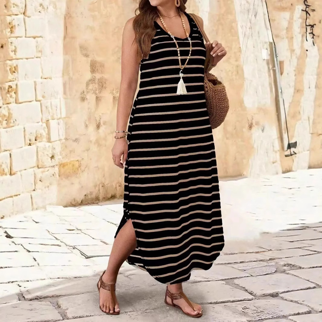 Striped Sleeveless Midi Dress Casual Beach Sundress