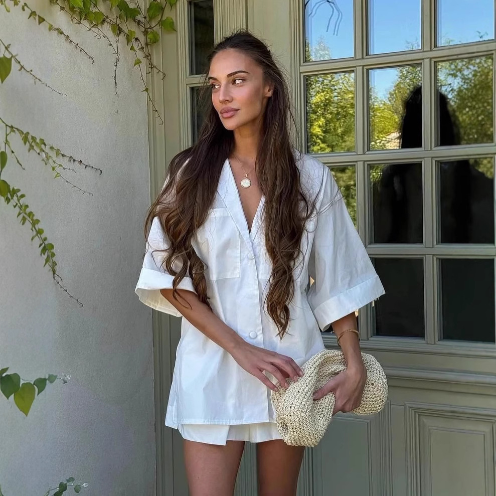 Women's Collared Half-Sleeve Tie Shirt & Shorts Set