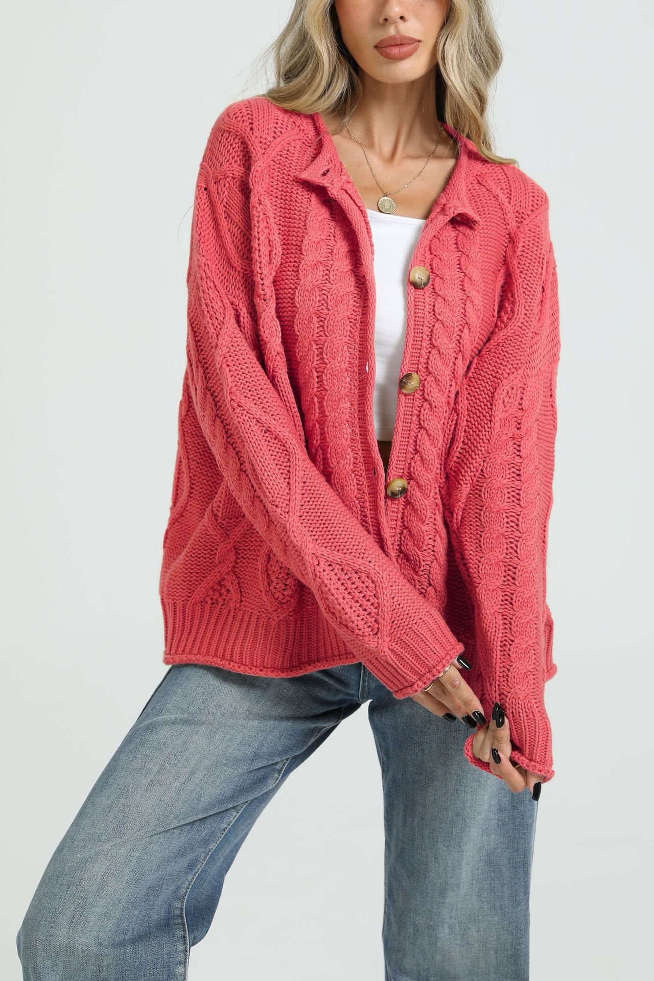 Women's Cable-Knit Cardigan Sweater Loose Fit Button-Up