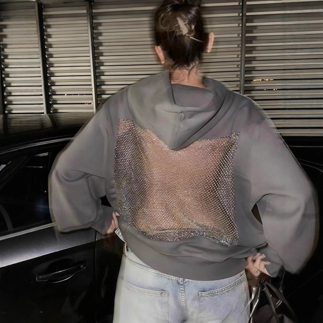 Women's Solid Color Open Back Cutout Mesh Hoodie Sweatshirt