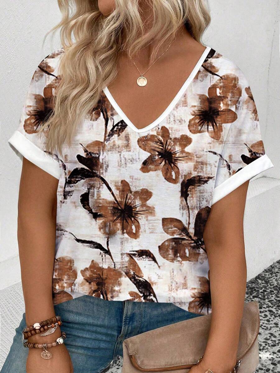 Gradient Heart Print V-Neck Short Sleeve Loose Women's Top