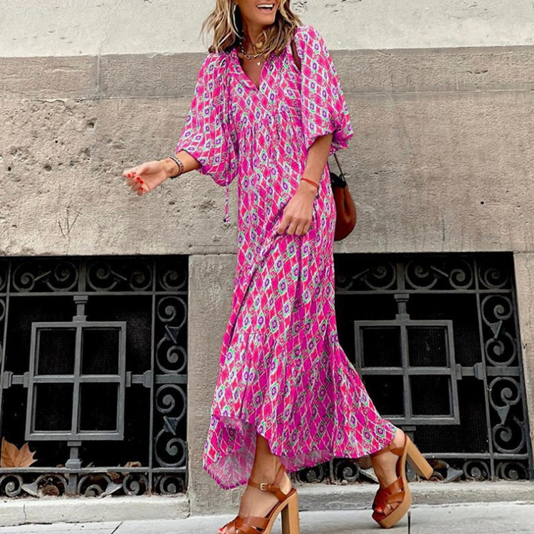 Geometric Print Puff Sleeve Maxi Dress with High Waist and Tie Detail