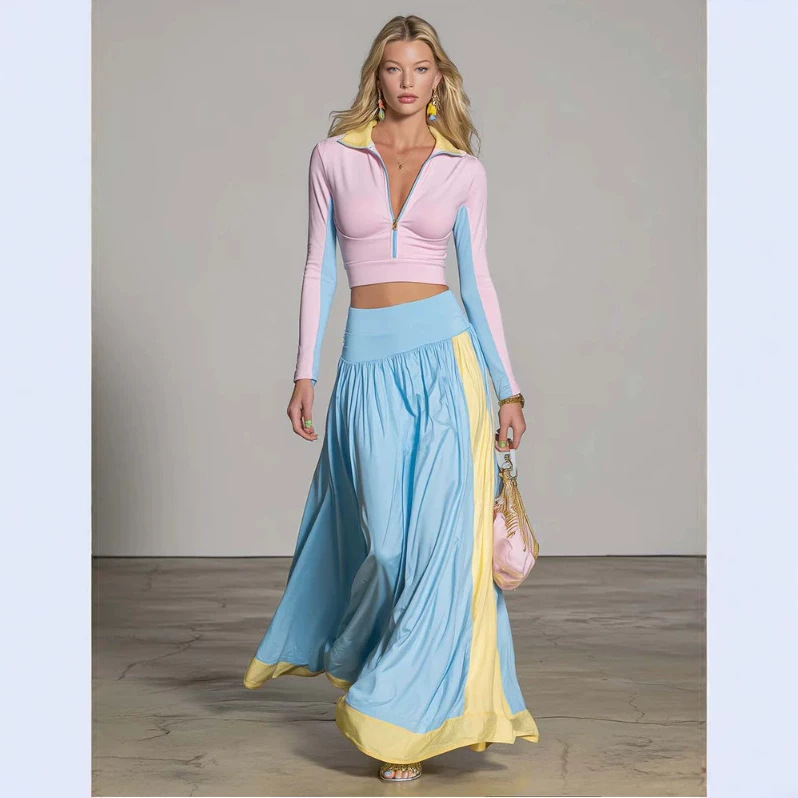 Women's Color-Block Long Sleeve Long Skirt Set Casual Two-Piece