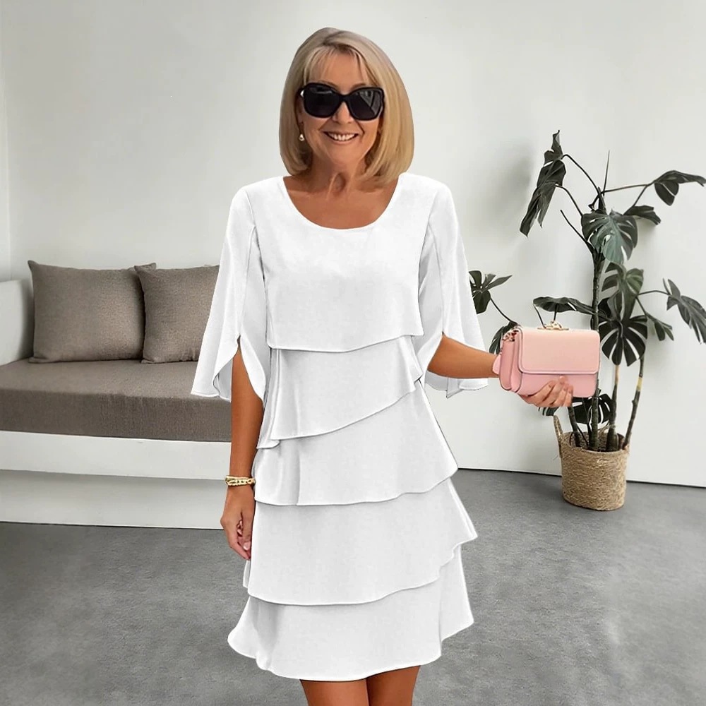 Women's Solid Color Round Neck Tiered Spliced Dress