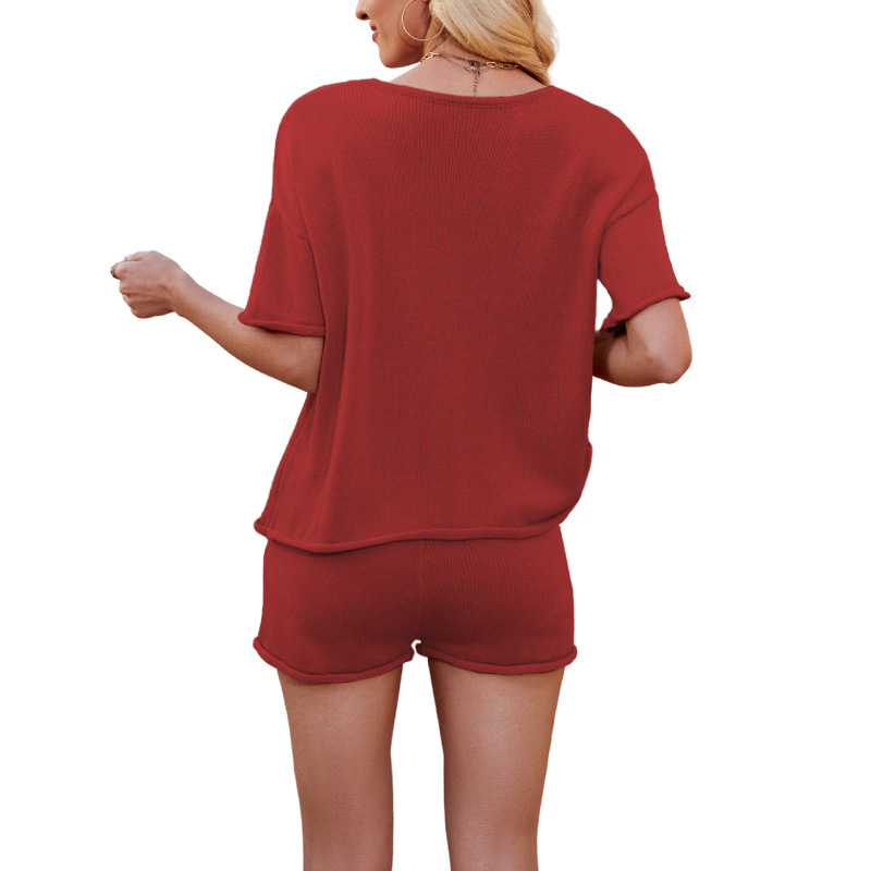 Women's Loose Knit Short Sleeve Tee and Shorts Set with Round Neck