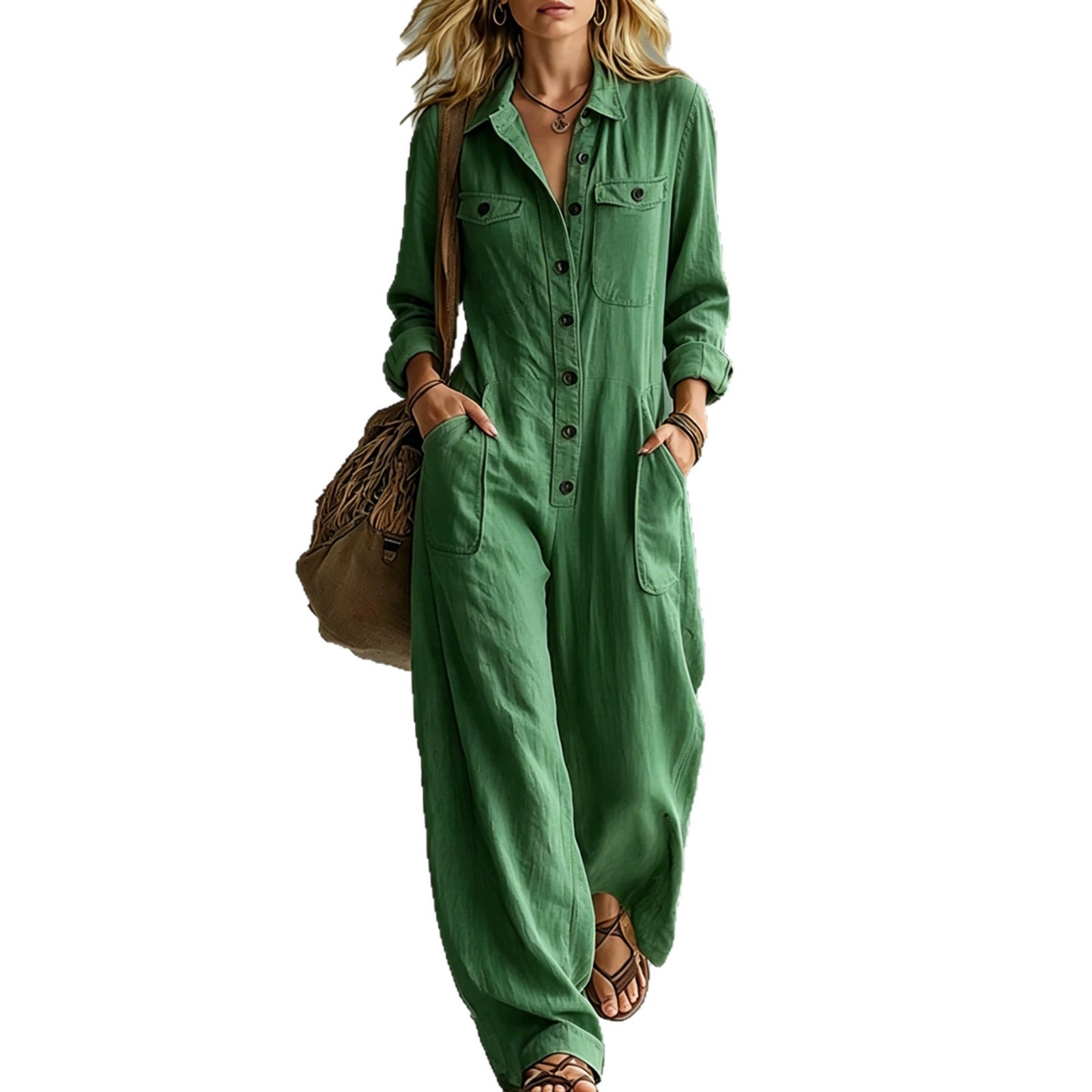 Women's Linen-Blend Cargo Jumpsuit with Collar, Long Sleeve, Wide Leg, Loose Fit