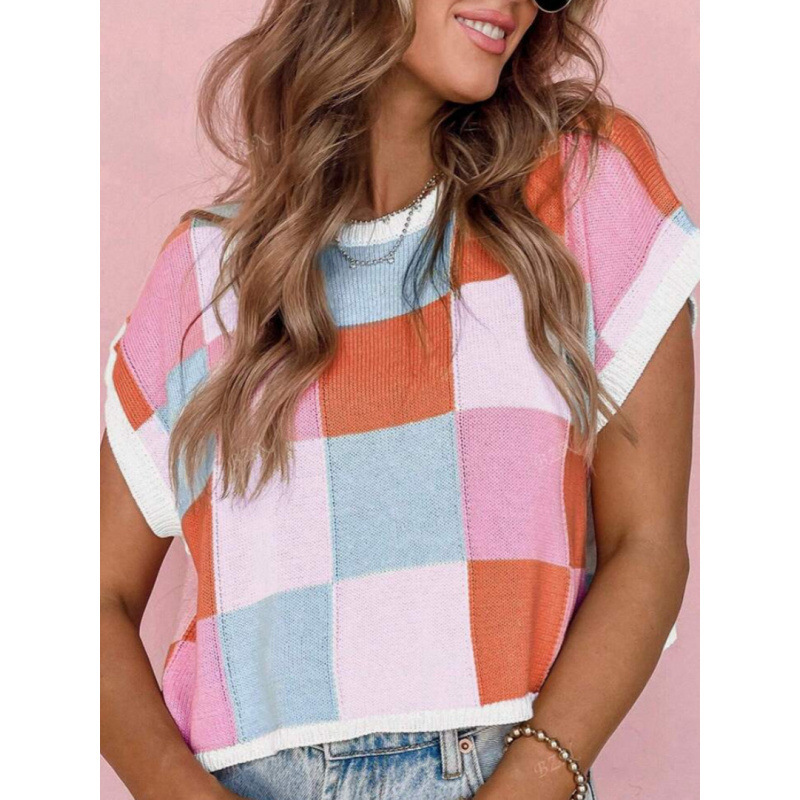 Color Block Checkered Cropped Knit Top
