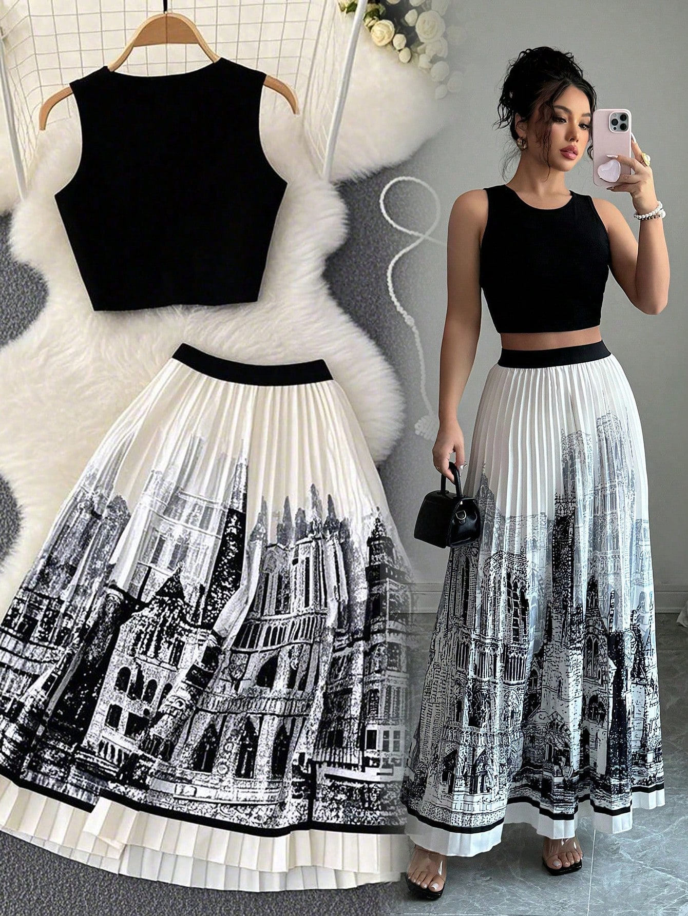 Ink Print Sleeveless Long Dress and Pleated Skirt Two-Piece Set