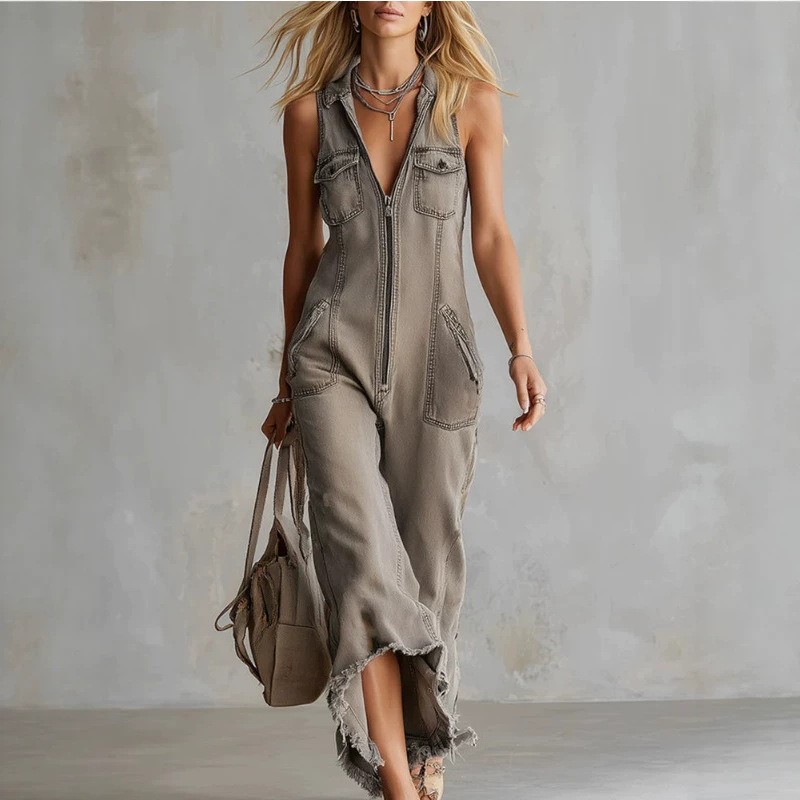 Vintage Washed Khaki Denim Sleeveless Jumpsuit