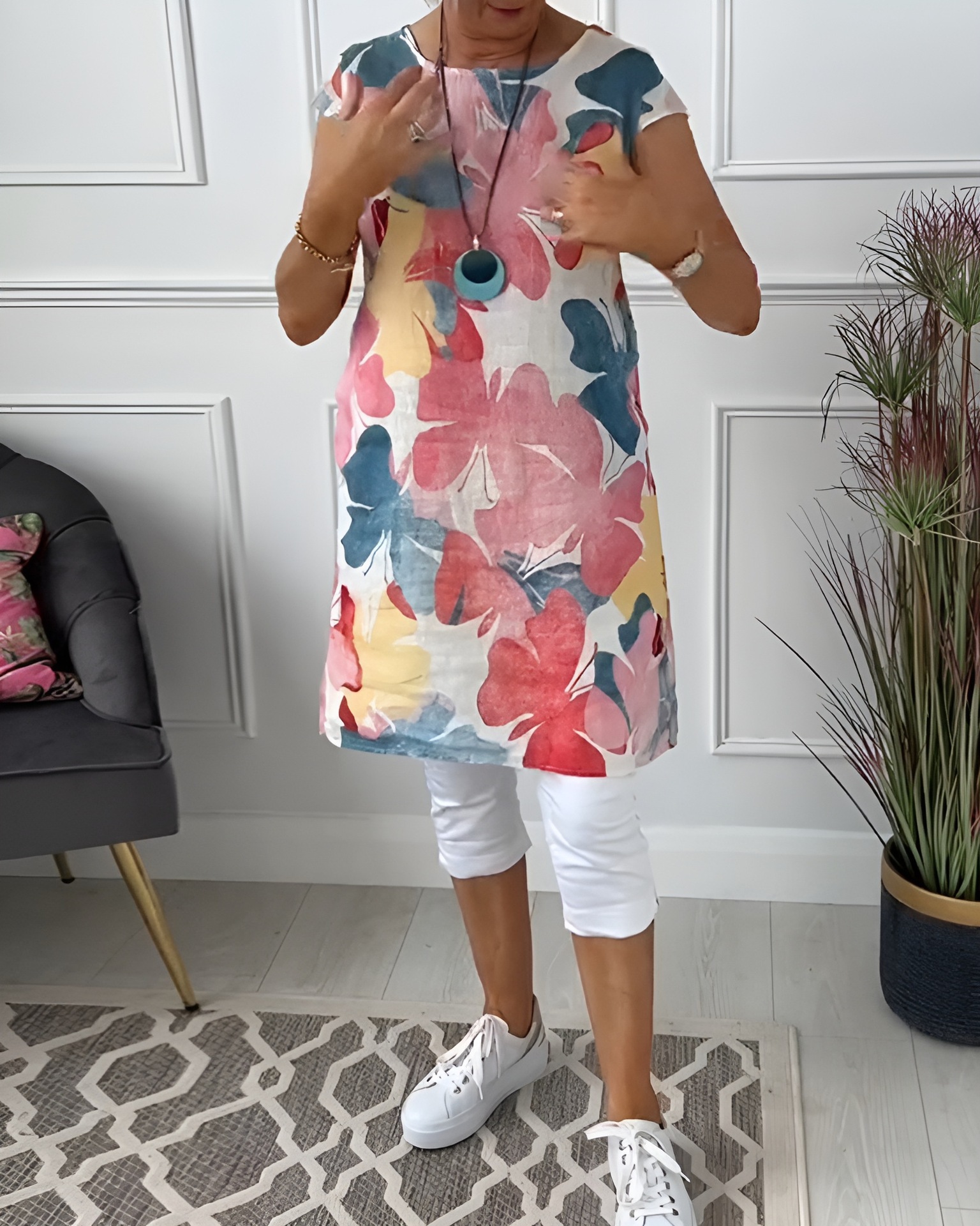 Floral Print Round Neck Loose Dress with Pockets