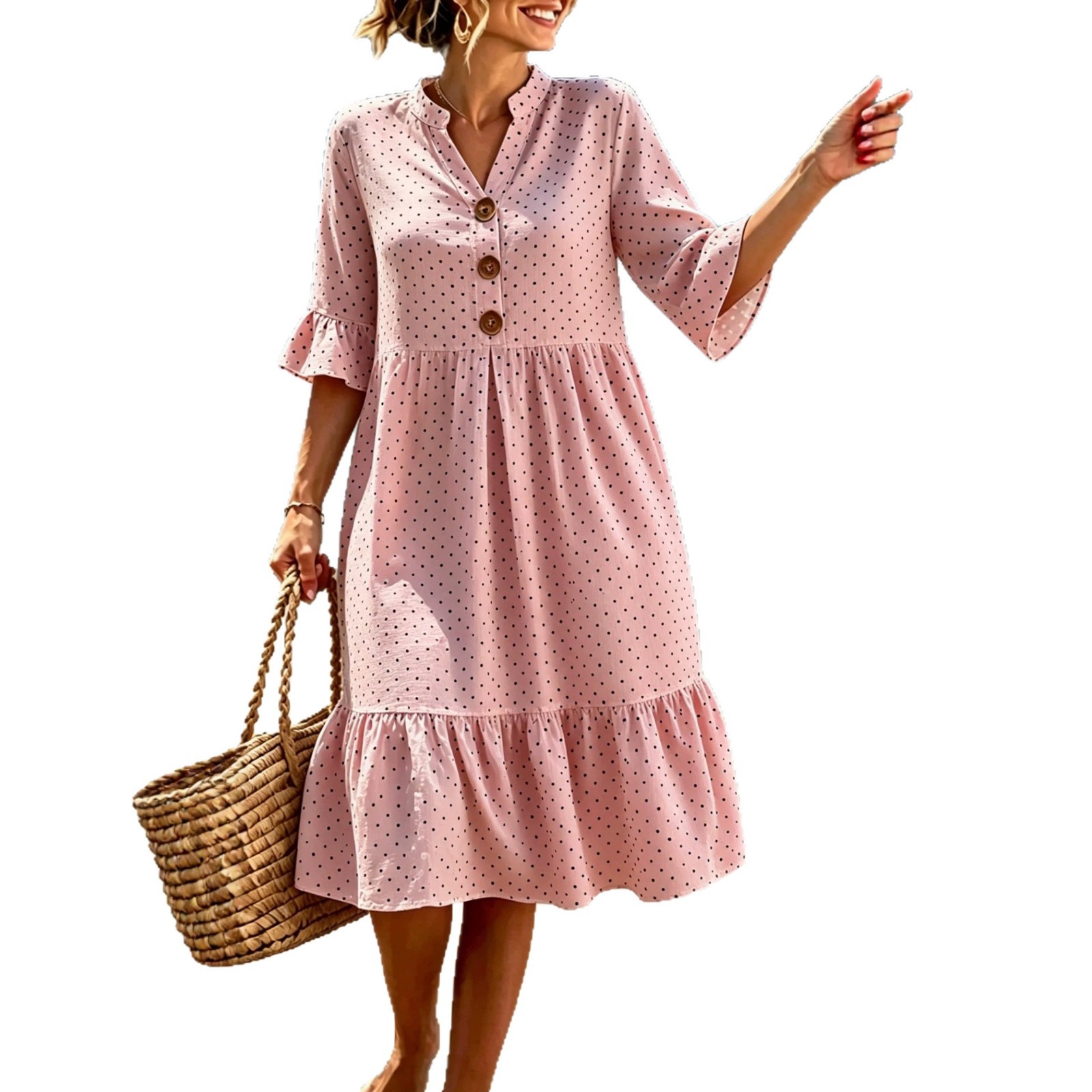 V-Neck Polka Dot Ruffle Sleeve Boho Short Sleeve Vacation Dress