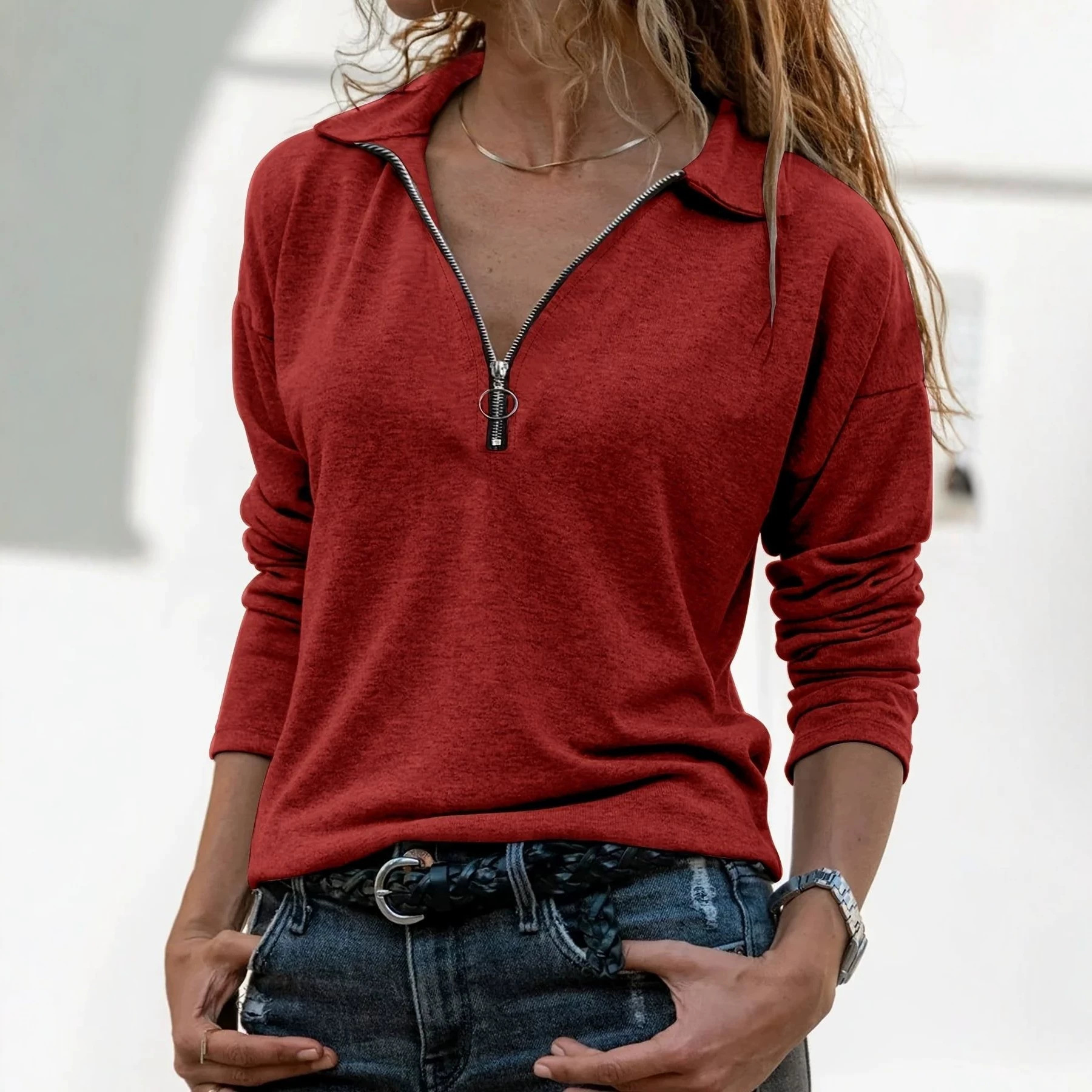 Women's Knit Collared Zip-Up Long Sleeve Casual Top
