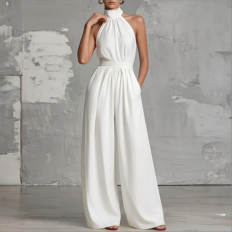 Women's Solid Color Waist-Defining Open-Back Halter Wide-Leg Jumpsuit