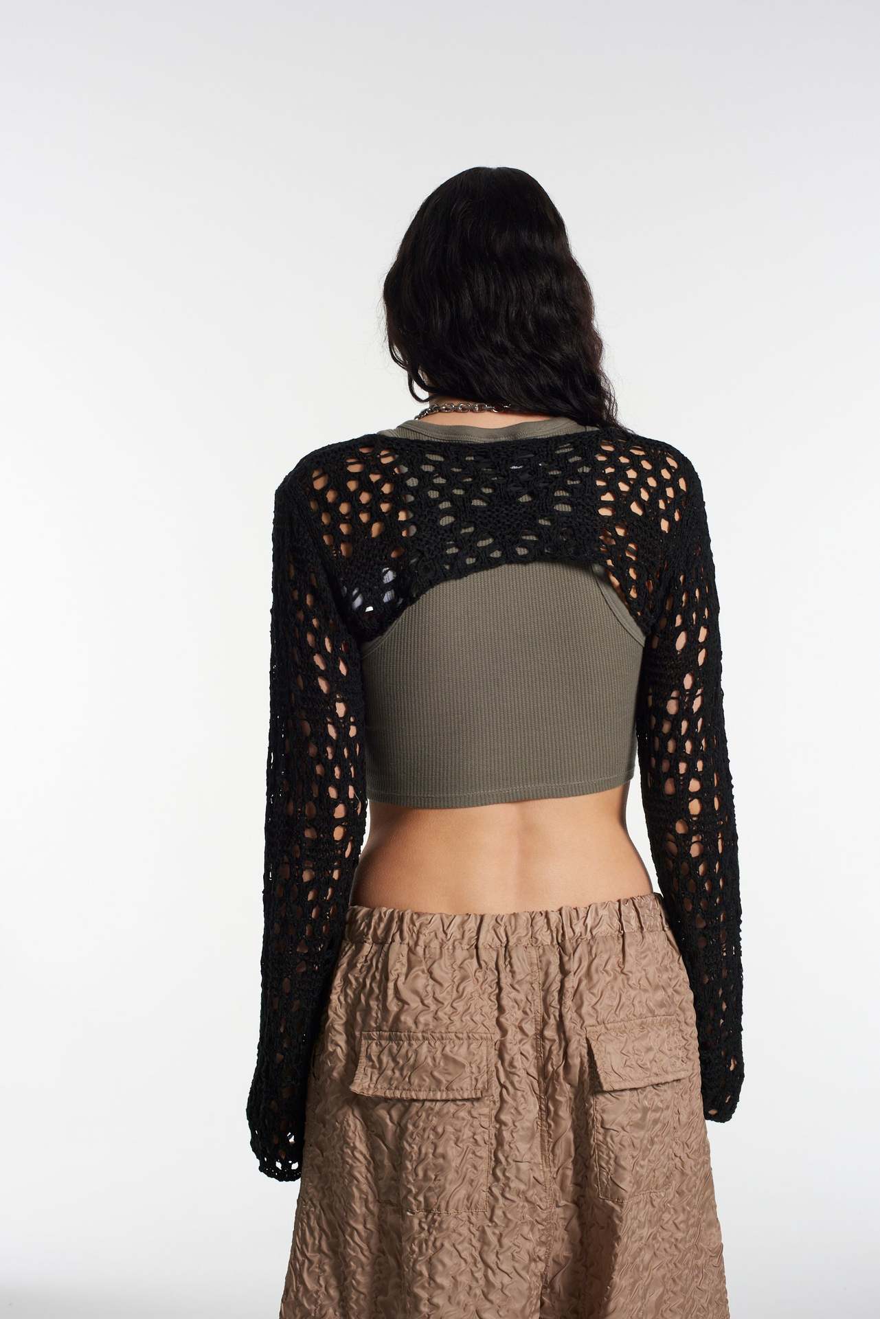 Women's Open-Knit Long-Sleeve Cropped Cardigan