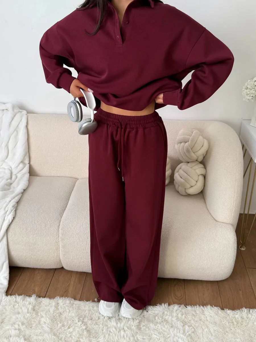 Women's Casual Two-Piece Sweatsuit Solid Color Buttoned Collar Top and Drawstring Pants