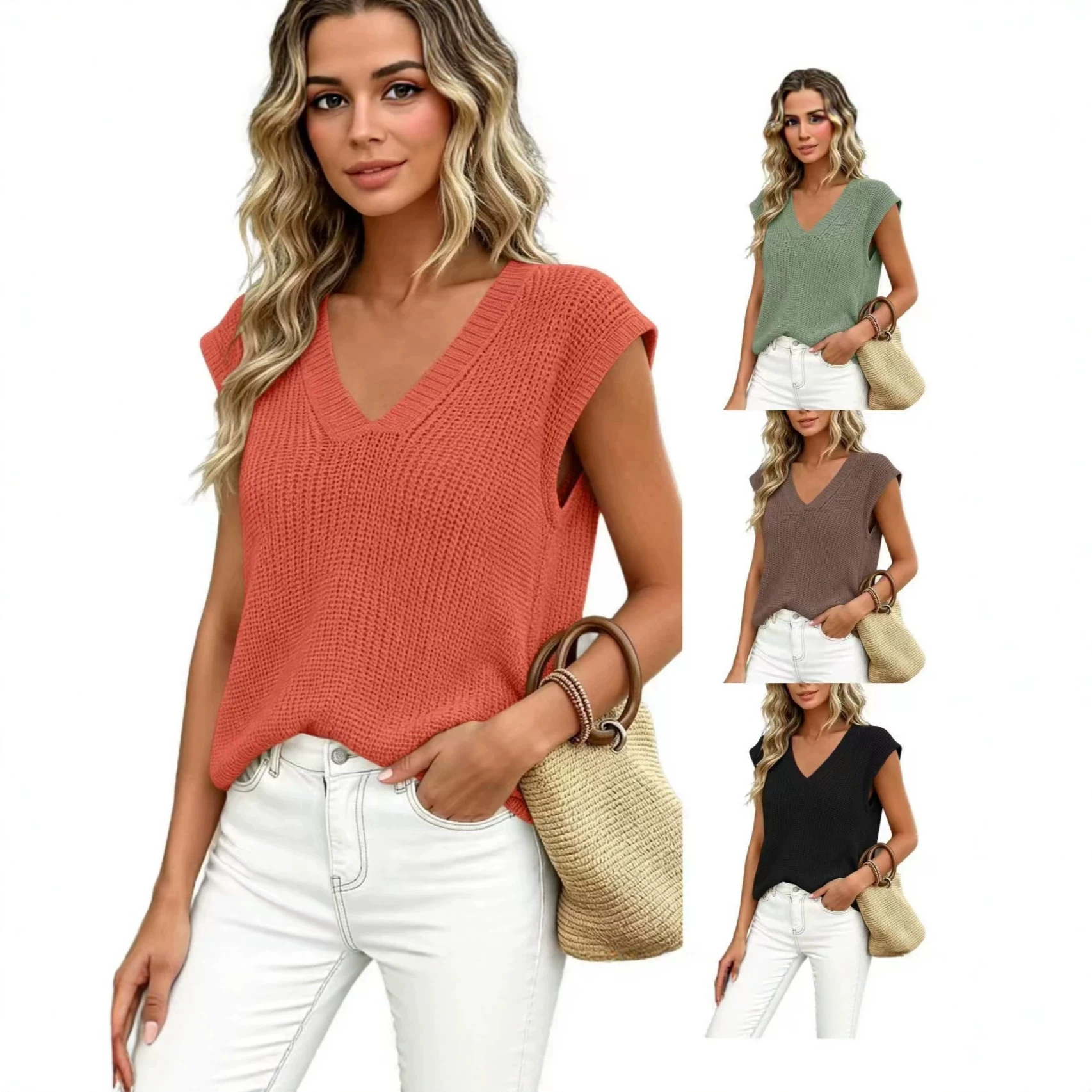Women's V-Neck Short Sleeve Knit Top Casual Solid Color