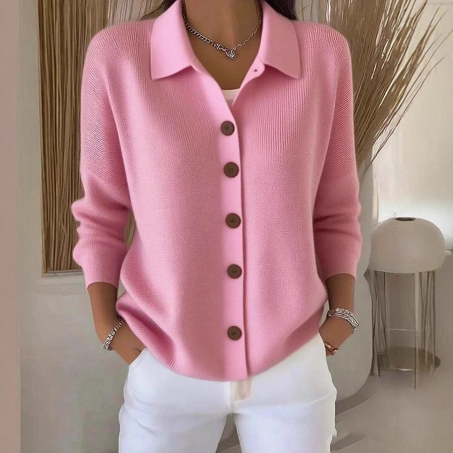 Button-Front Knit Cardigan Sweater with Collar, Solid Color Casual Women's Outerwear