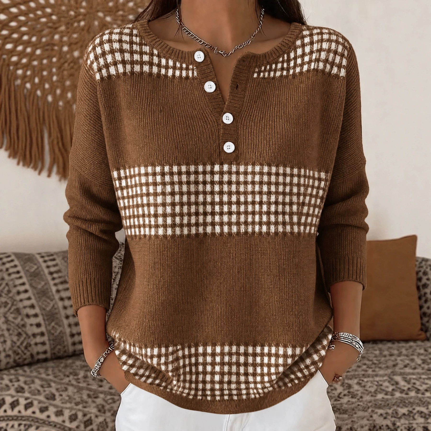 Women's Retro Polka Dot Print Buttoned Sweatshirt