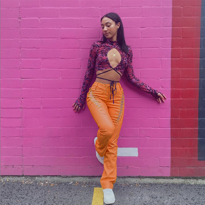 High-Waist Cutout Lace-Up Straight-Leg Slimming Faux Leather Pants