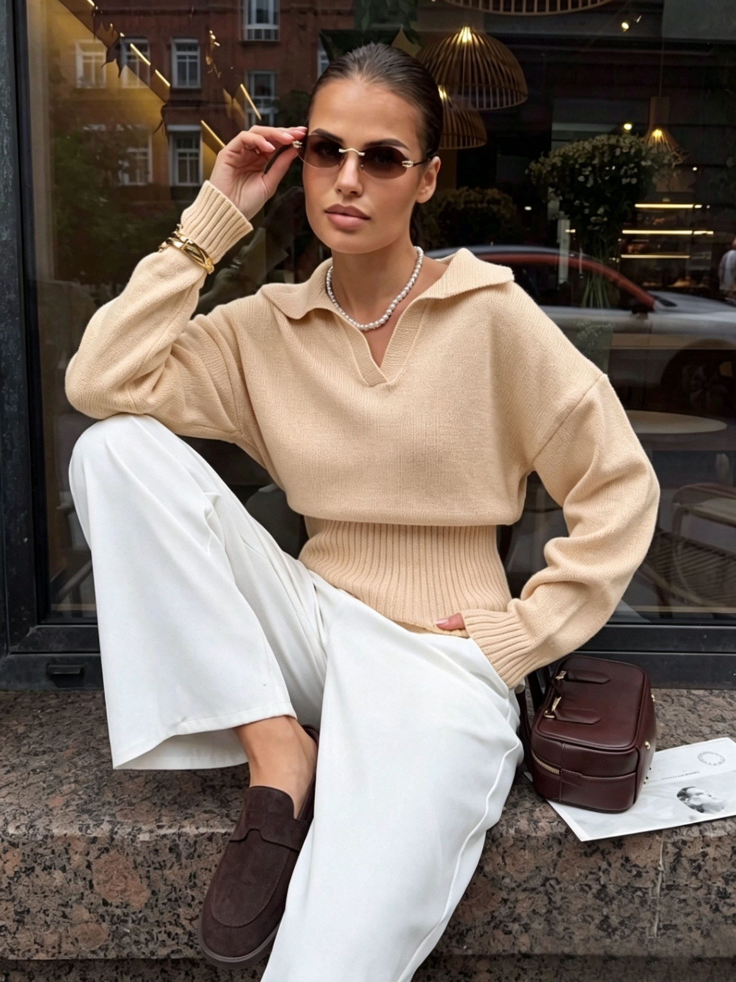 Women's V-Neck Fitted Waist Loose Long Sleeve Pullover Top