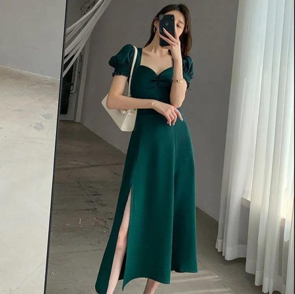 Women's Square Neck Puff Sleeve A-Line Midi Dress with Slit