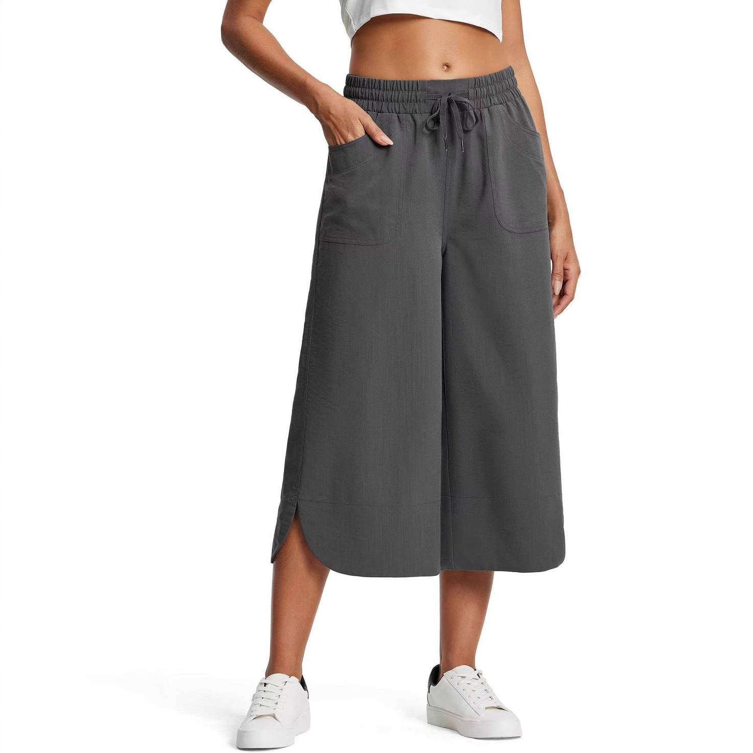 Women's Elastic Waist Solid Color Wide Leg Cropped Pants
