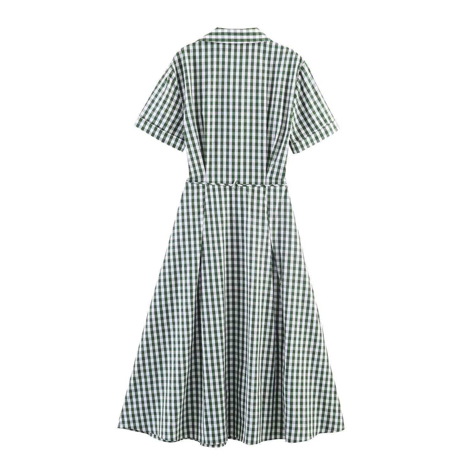 Plaid Shirt Dress Short Sleeve Slimming Midi