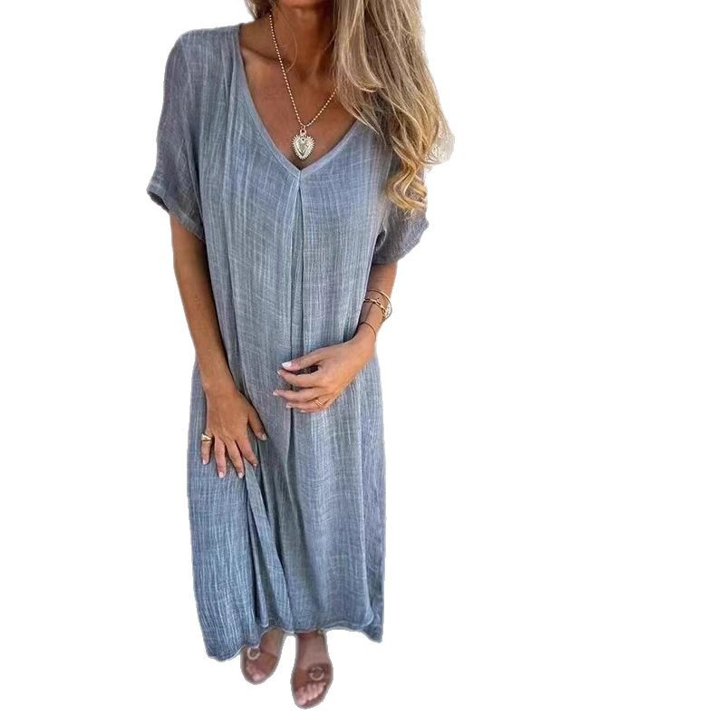 Cotton-Linen V-Neck Semi-Formal Dress