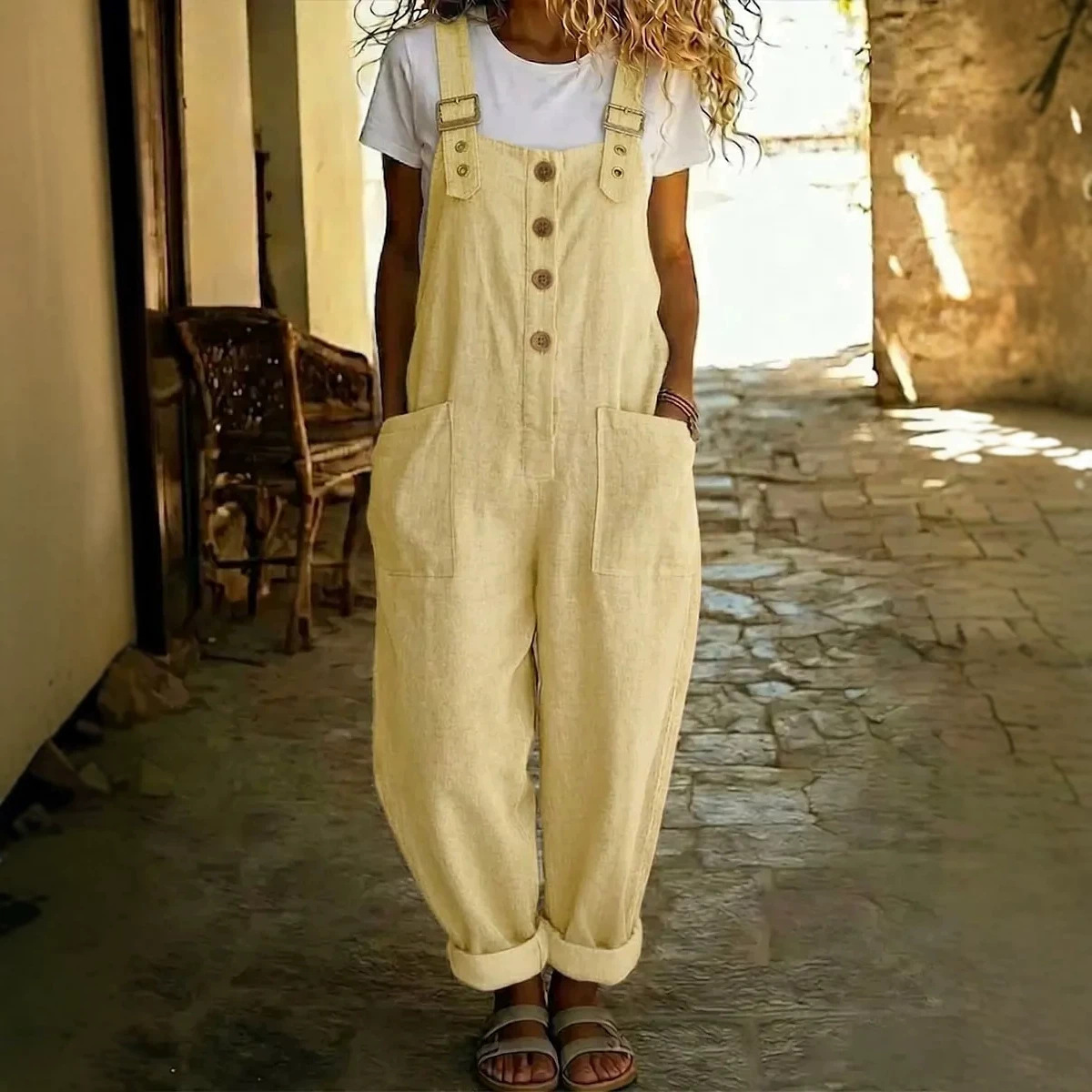 Women's Cotton-Linen Solid Color Straight-Leg Overalls with Pockets
