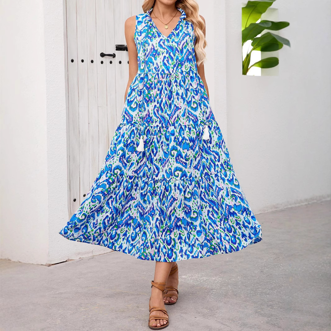 Women's Sleeveless Floral Ruffle Midi Dress V-Neck Vacation