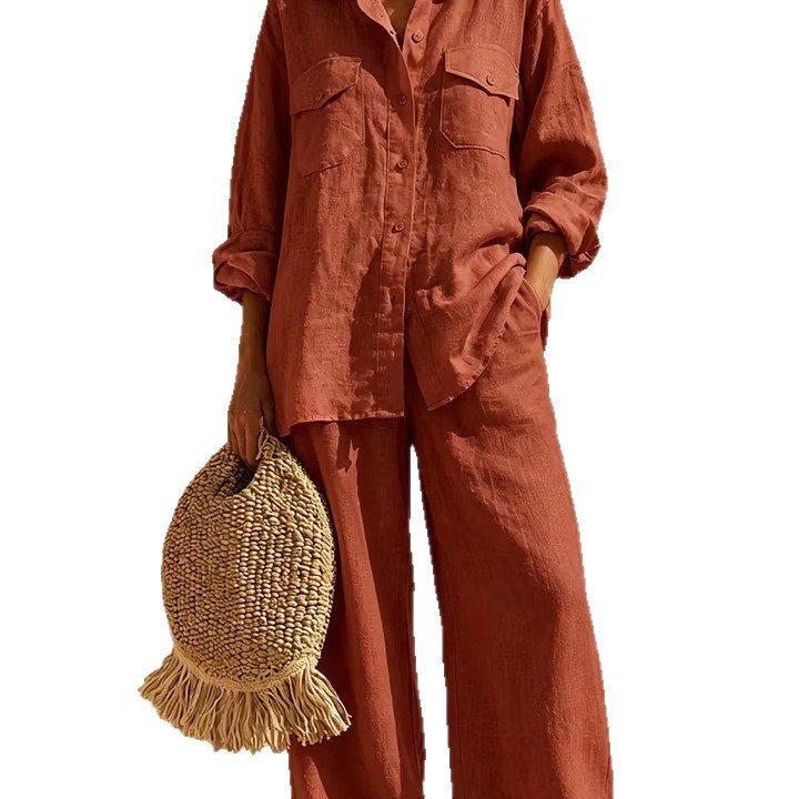 Women's Solid Linen-Blend Long-Sleeve Button-Down Shirt and Wide-Leg Pants Set with Pockets
