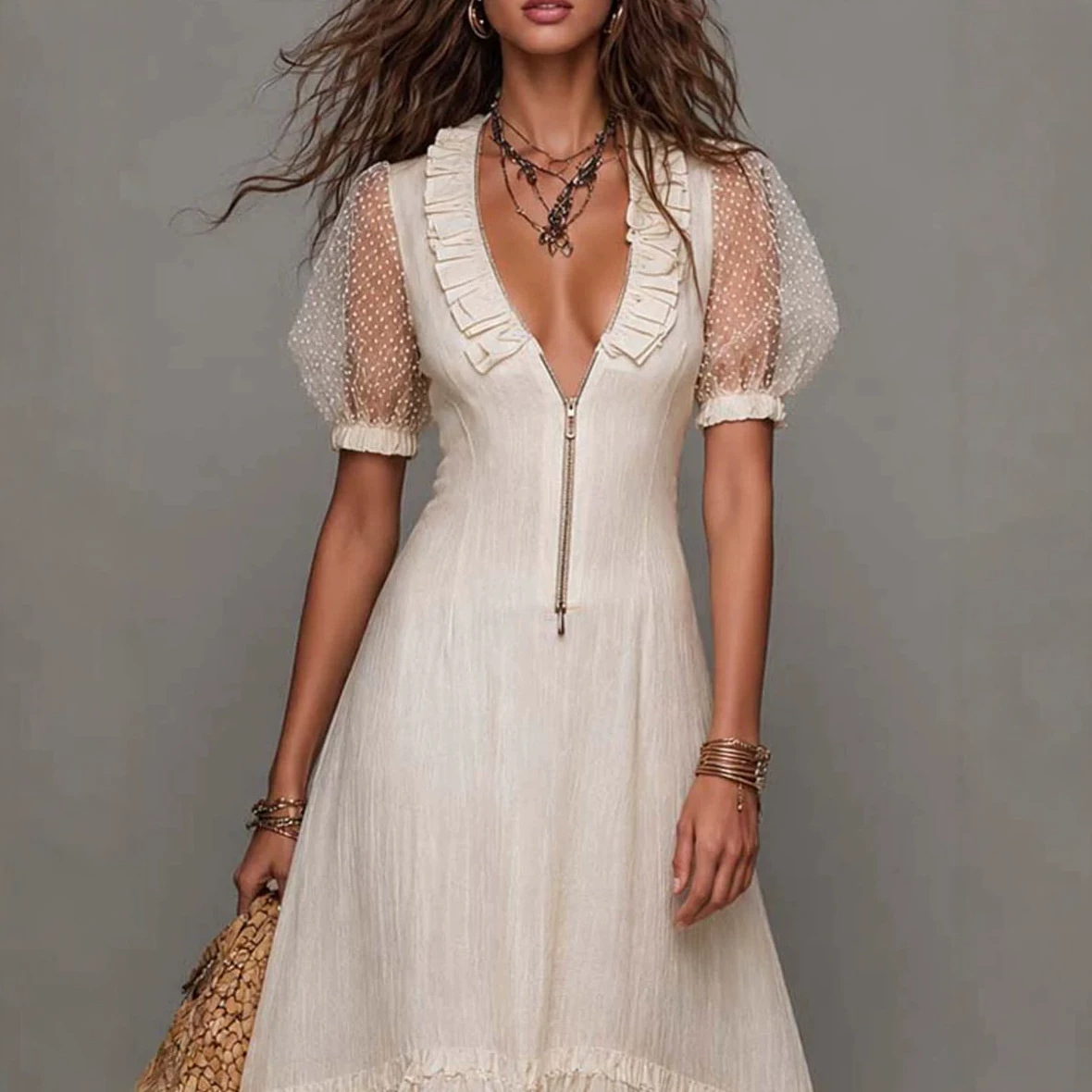 Women's Short Sleeve V-Neck Cinched Waist Zip Ruffle Midi Dress