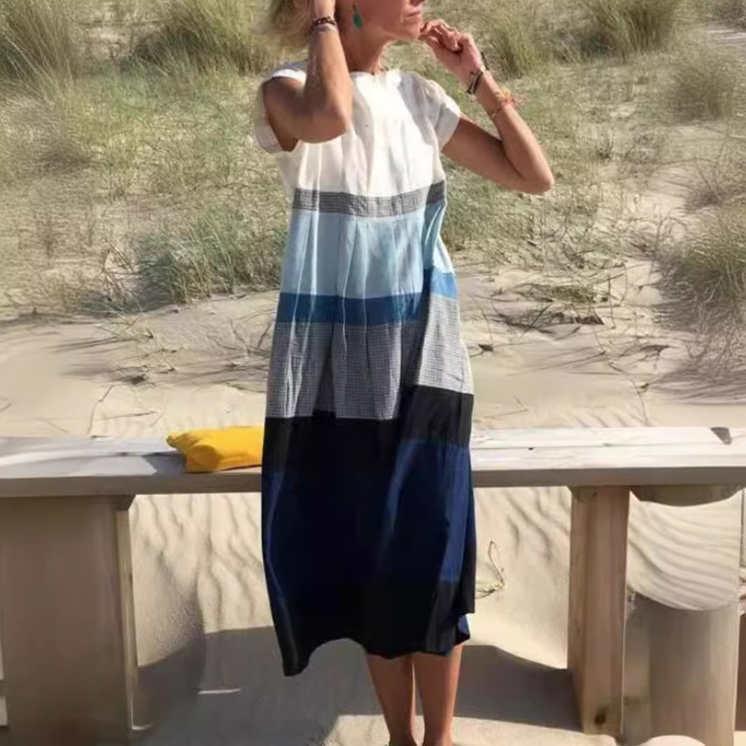 Women's Digital Print Crew Neck Short Sleeve Pleated Maxi Dress