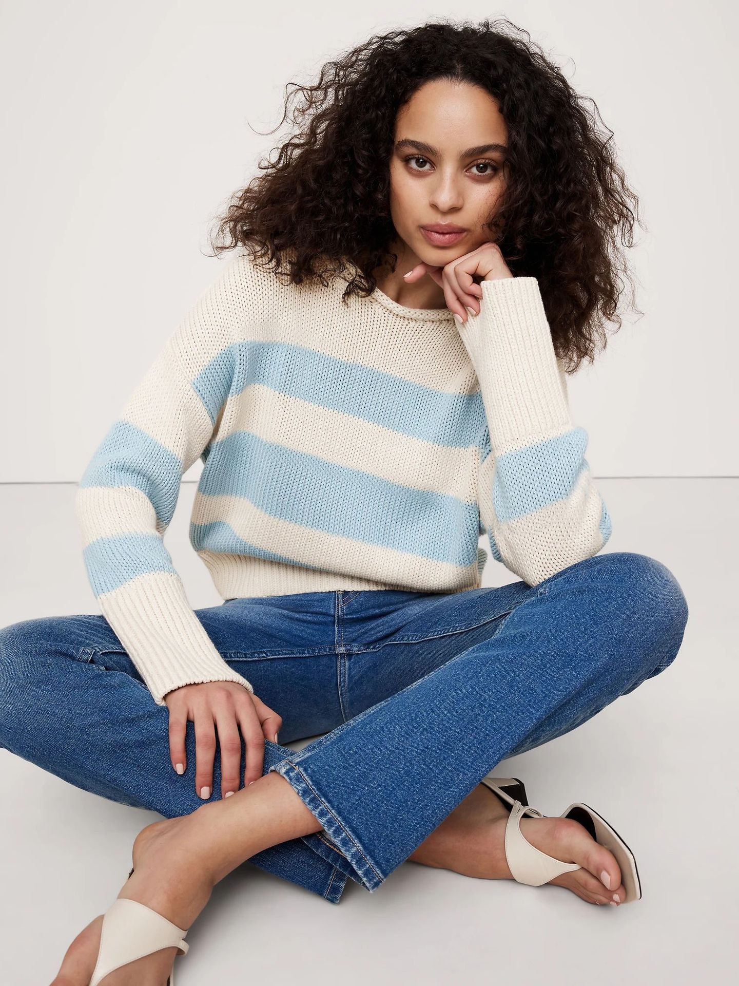 Women's Striped Crewneck Drop-Shoulder Oversized Lightweight Pullover