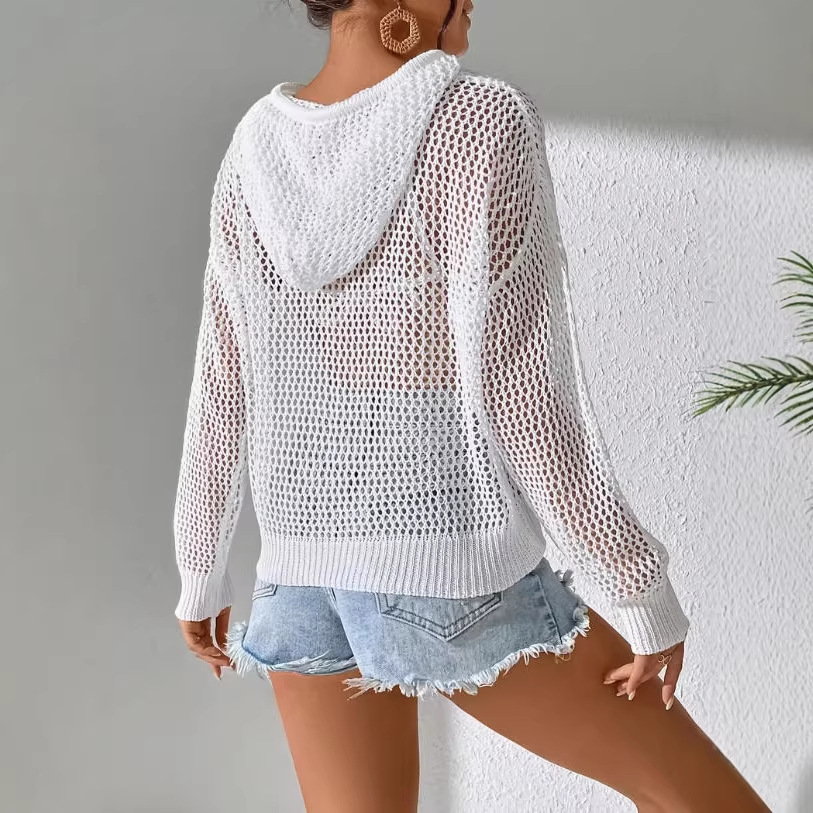 Women's Open Knit Hooded Long Sleeve Sun Protection Top