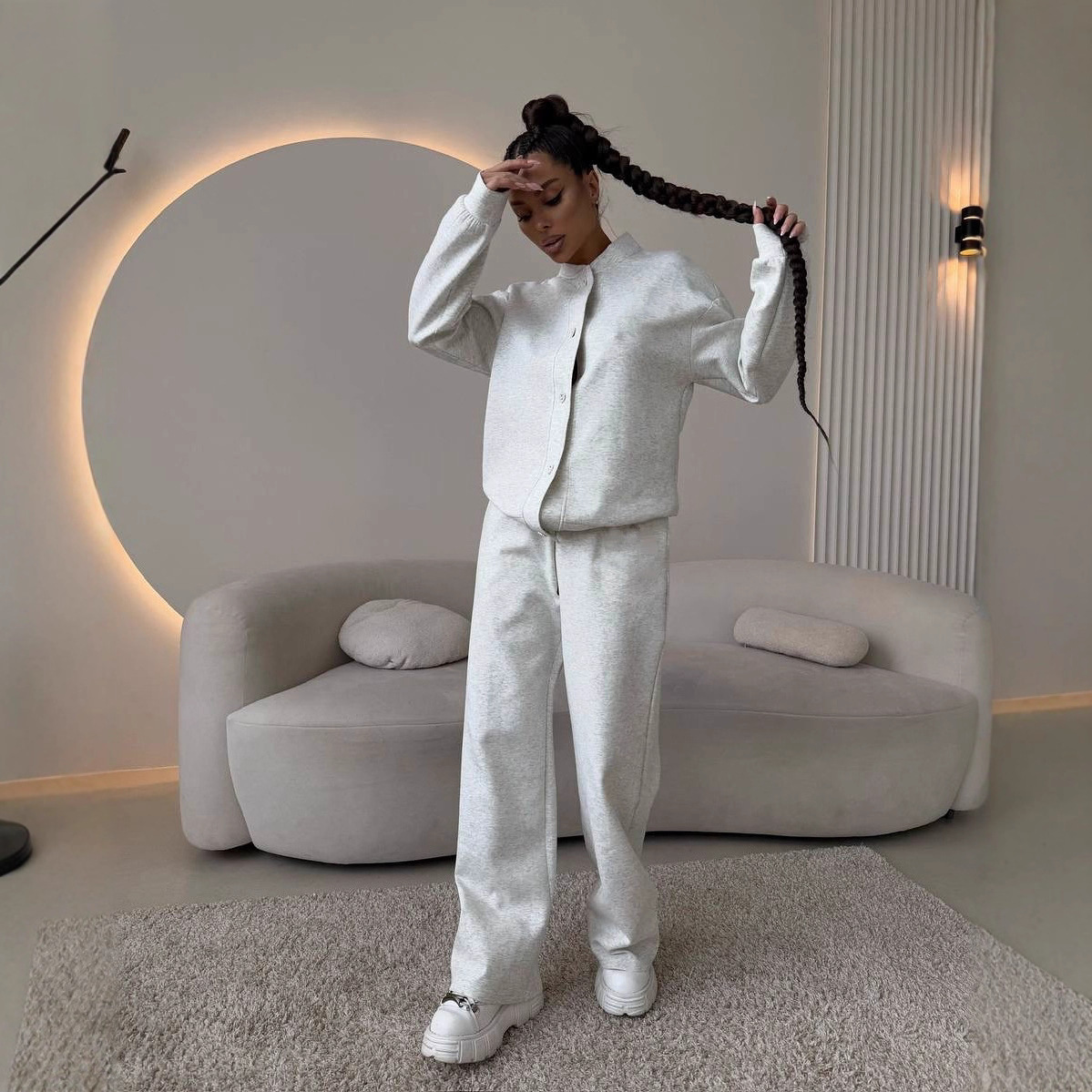 Women's Casual Two-Piece Set Button-Front Cardigan & Elastic Waist Wide-Leg Pants