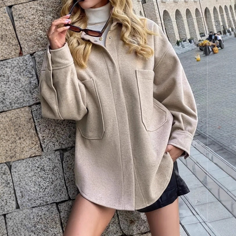 Women's Casual Faux Wool Jacket with Lapel Collar