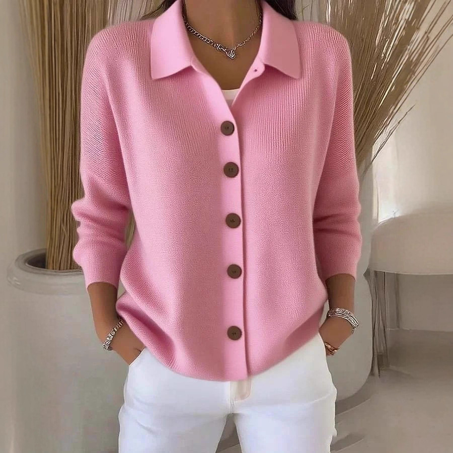 Button-Down Knit Cardigan with Collar Solid Color Casual Women's