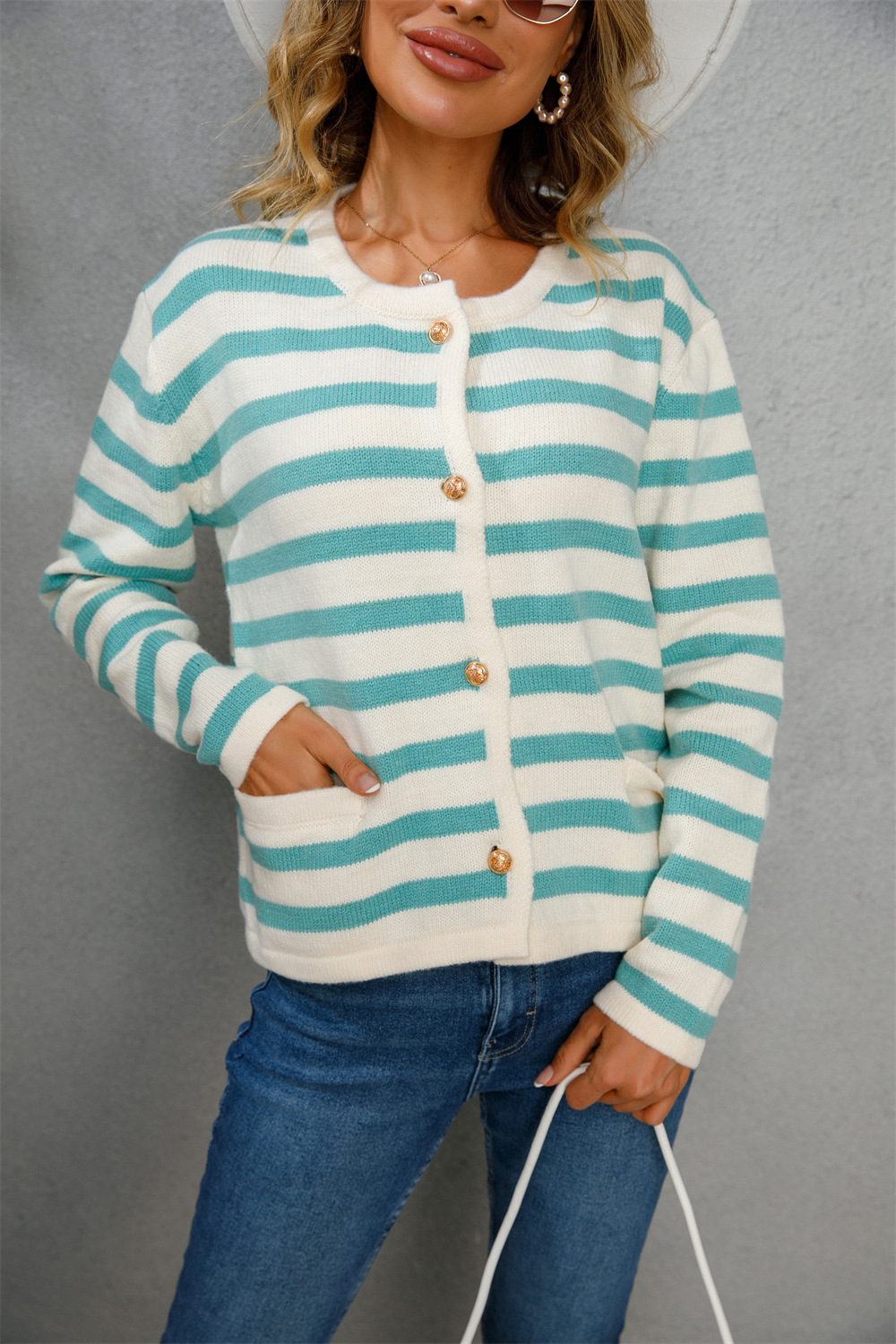Women's Plus Size Striped Knit Cardigan Crew Neck Long Sleeve