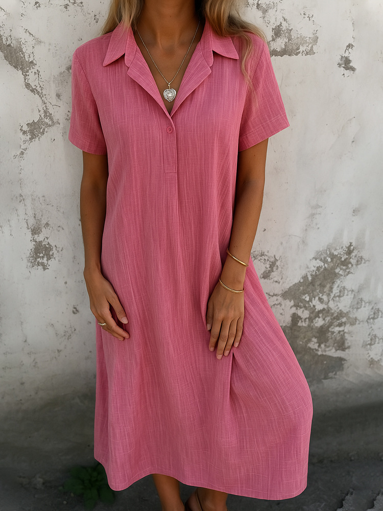 Women's Casual Cotton-Linen V-Neck Short Sleeve Loose Midi Dress