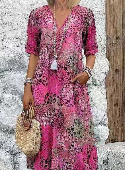 Floral Print V-Neck Short Sleeve Midi Dress with Pockets