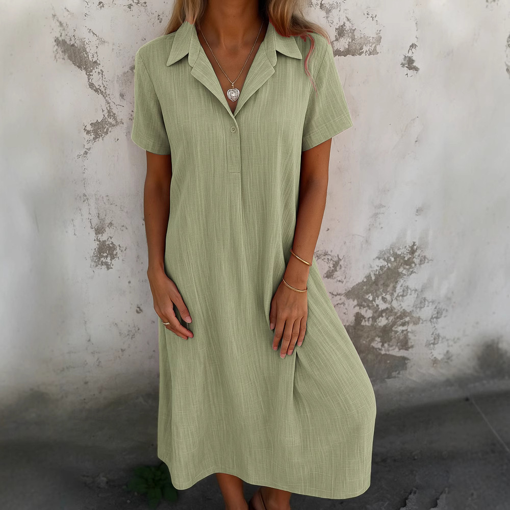 Women's Casual Cotton-Linen V-Neck Short Sleeve Loose Midi Dress