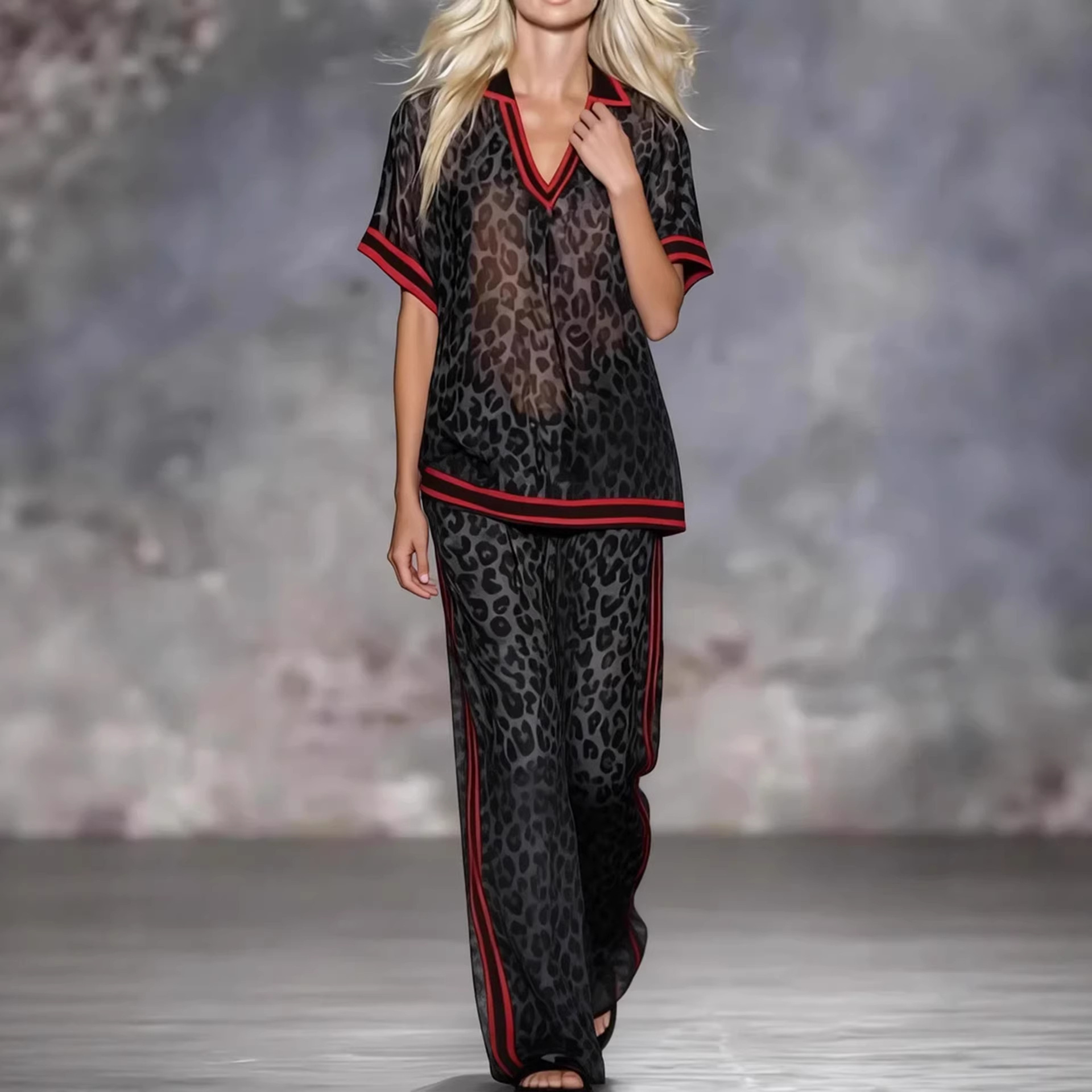 Leopard Print Color-Block Striped Loose Straight-Leg Pants Set