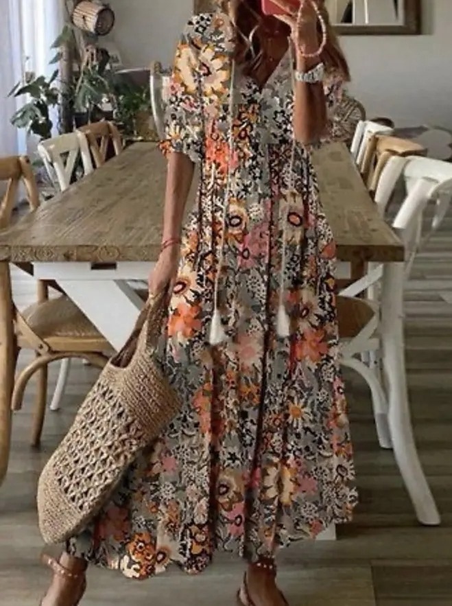Women's Casual V-Neck Printed Tassel Midi Dress Loose A-Line