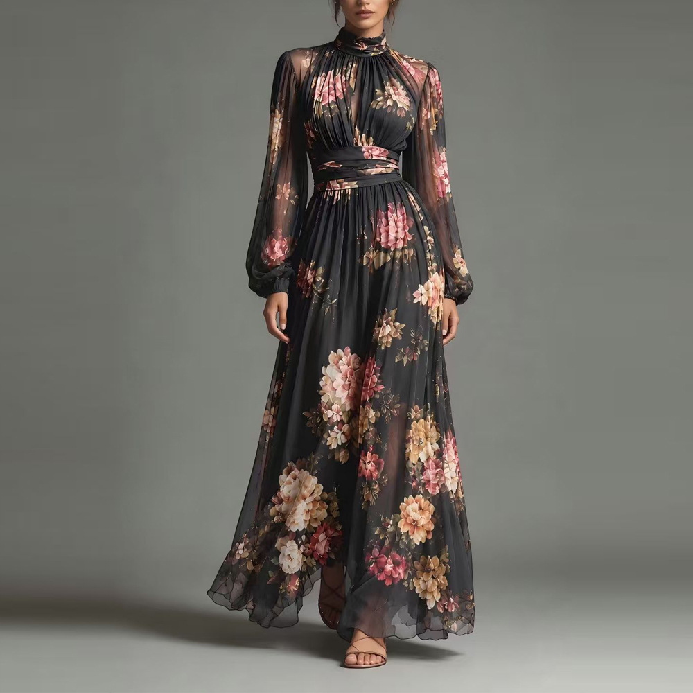 Women's Digital Print Ruched Waist Slimming Pleated Dress