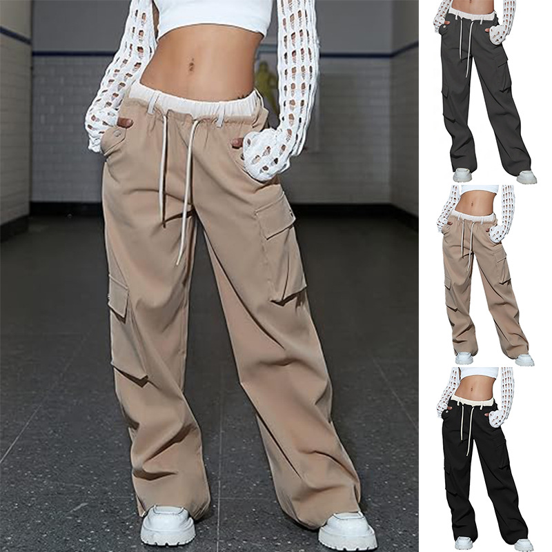 Drawstring Wide-Leg Cargo Pants with Color-Block Multi-Pockets