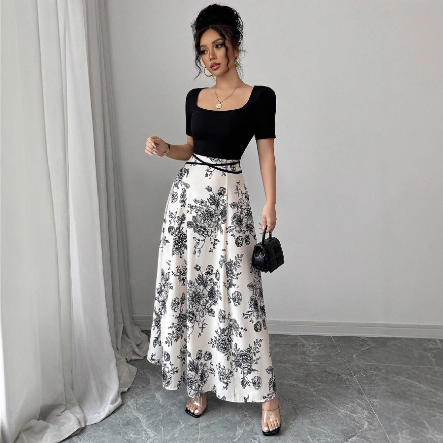 Women's Floral Print Short Sleeve Square Neck Tie Midi Dress